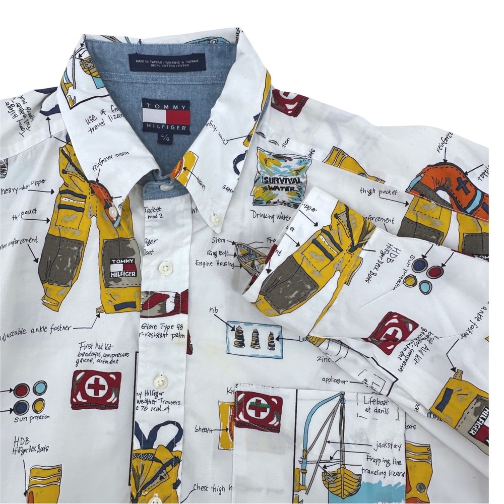 Tommy Hilfiger Button Down Mens L White Nautical Survival Gear Print Vintage